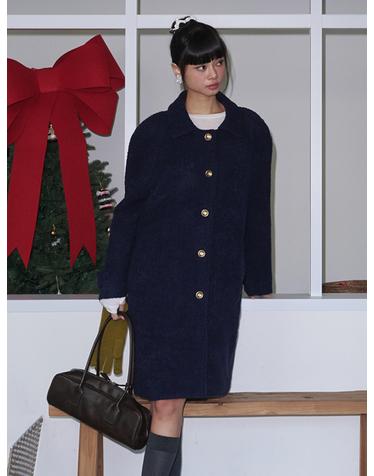 Boucle Raglan Single Wool Long Coat_Navy