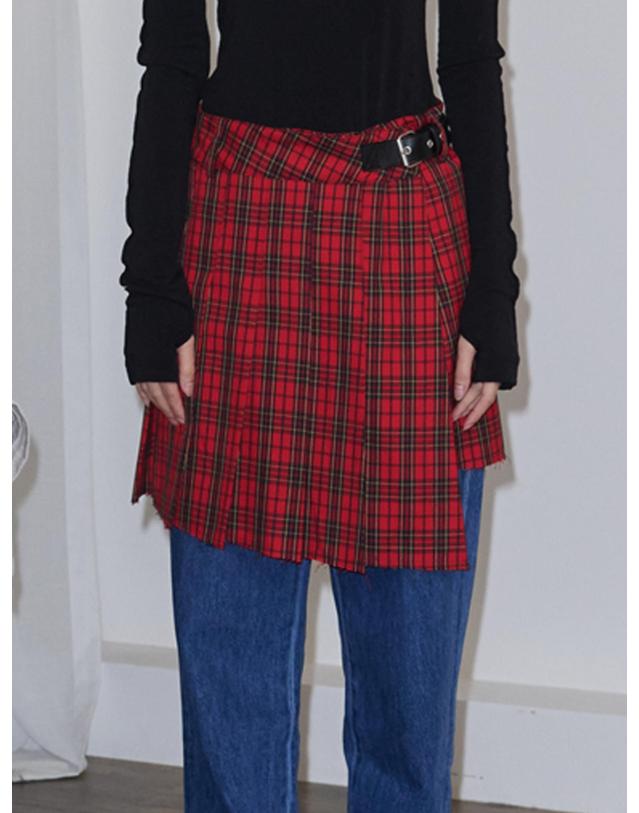 오프닝선샤인 Buckle Pleated Check Wrap Mini Skirt_Red 착용컷