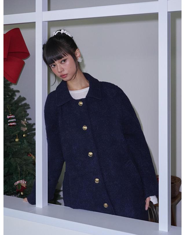 오프닝선샤인 Boucle Raglan Single Wool Long Coat_Navy 착용컷