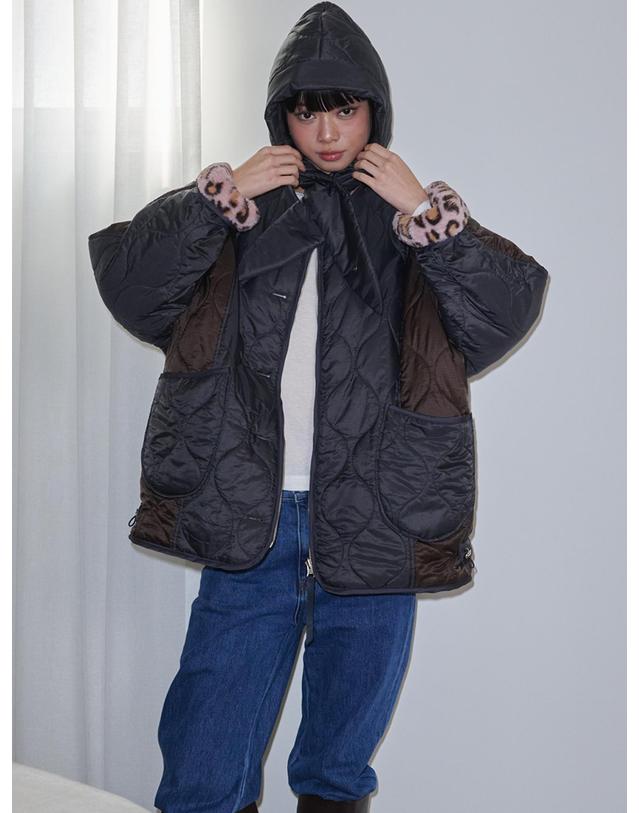 오프닝선샤인 Leopard Reversible Quilted Fur Jacket_Charcoal+Pink 착용컷