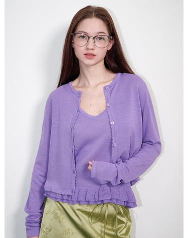 Linen Frill Sleeveless Cardigan Set Lavender