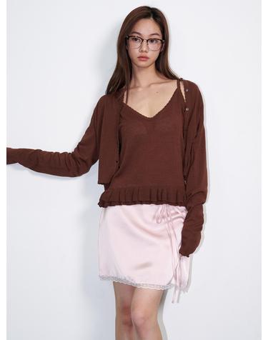 Linen Frill Sleeveless Cardigan Set Brown