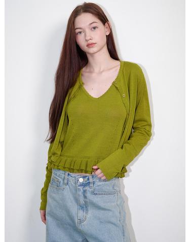 Linen Frill Sleeveless Cardigan Set Olive