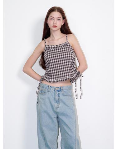 Check Side String Sleeveless Top Brown