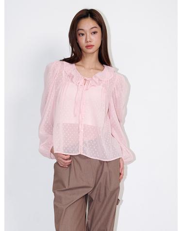 Ruffled See-through Dot Blouse Pink