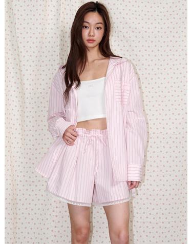 Hooded Striped Pajama Shirt Pink