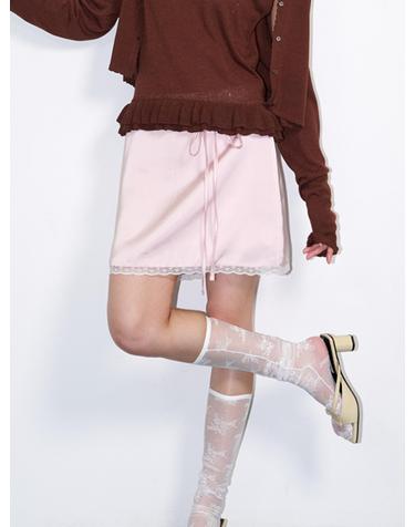 String Belt satin mini skirt Lace Pink