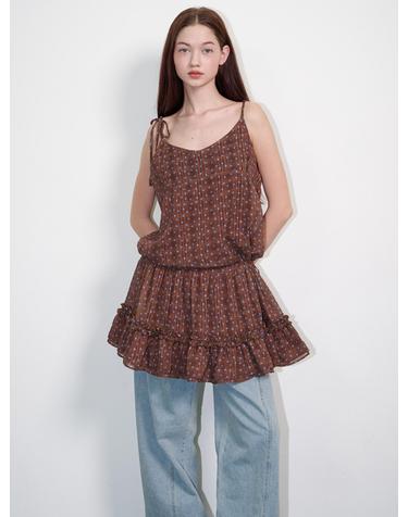 Frill shirring dot mini dress Brown