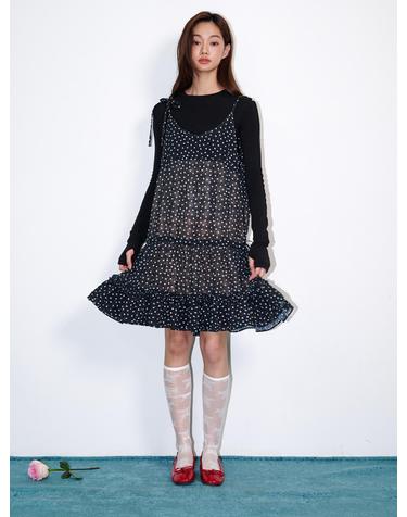 Frill shirring dot mini dress Black