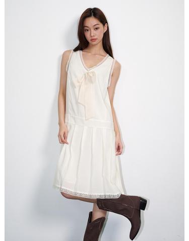 Sheer Tie Pleated Midi Dress Cream