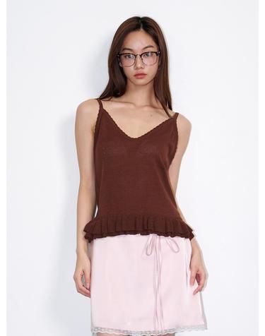 Sleeveless Frill Linen Knit Top Brown