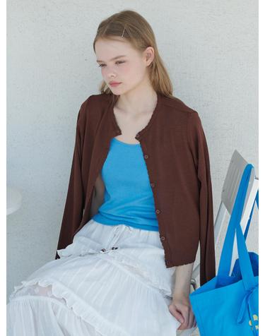 Sheer Scallop Linen Cardigan Brown