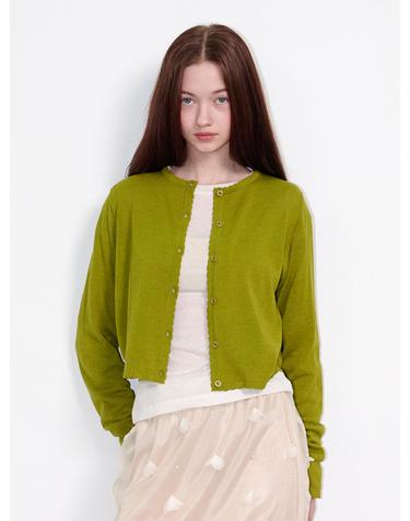 Sheer Scallop Linen Cardigan Olive