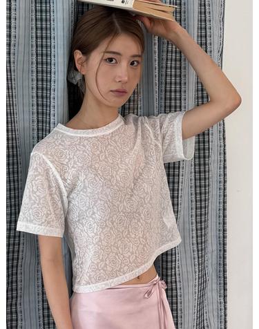 Rose Jacquard Lace Short Sleeve Crop T-Shirt White