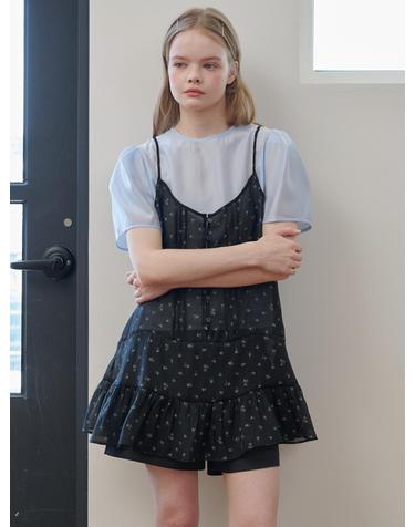 Pintuck Sleeveless Chiffon Mini Dress Flower Black