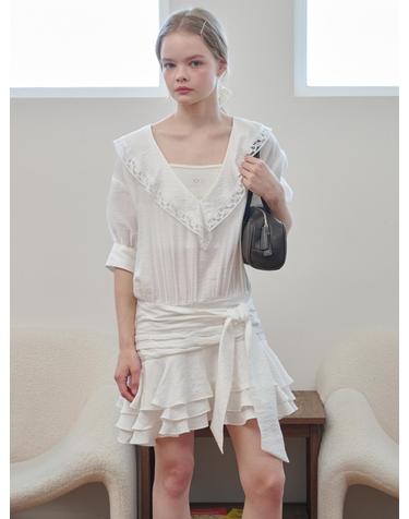 V-Neck Lace Collar Tiered Mini Dress Ivory