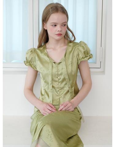 Satin Jacquard Puff Sleeve Tie Blouse Flower Olive