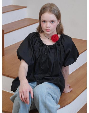 Rose Corsage Balloon Sleeve Shirring Blouse Black