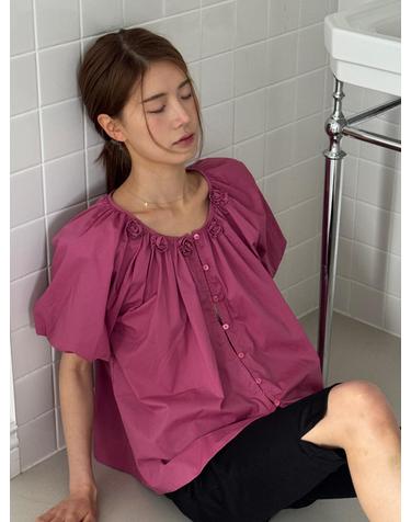 Rose Corsage Balloon Sleeve Shirring Blouse Rose Pink