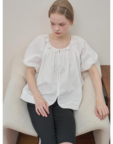 Rose Corsage Balloon Sleeve Shirring Blouse White