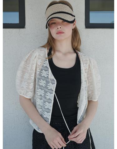 Crochet Lace Puff Sleeve Floral Jacket Beige