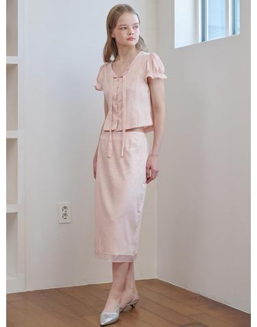 Set-Satin Jacquard Tie Blouse+H-Midi Skirt Pink