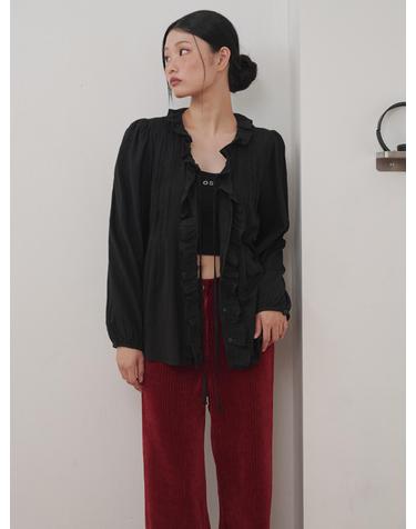 Ruffled Stripe Pin-tuck Cotton Blouse Black