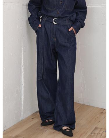 Pin-tuck Belted Wide Denim Pants Dark Indigo