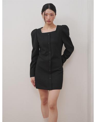 Square-neck Lace Puff Sleeve Mini Dress Black