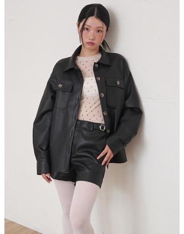 Belted Button-Point Leather Shirt Black