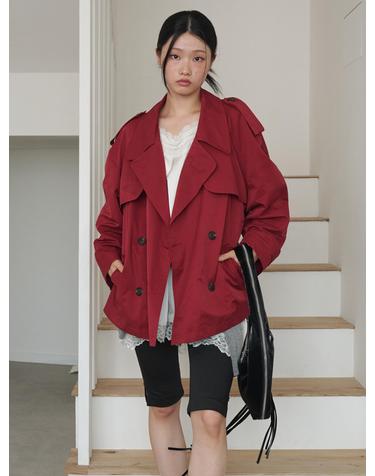 Classic Flap Belted Short Trench Jacket Red