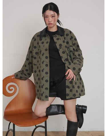 Leather Collar Cotton Work Jacket Dot Khaki