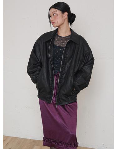 오프닝선샤인 Soft Leather Frill Bomber Jacket Black