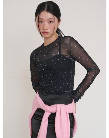 Dot See-through Long Sleeve MeshTop Black