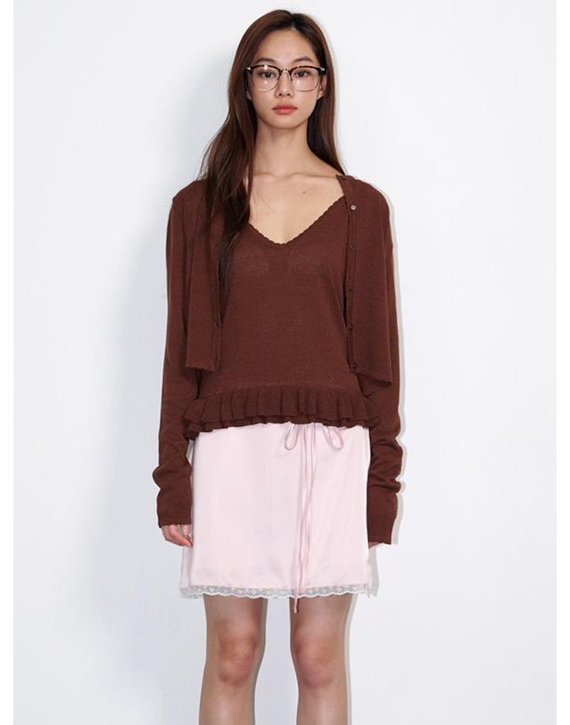오프닝선샤인 Linen Frill Sleeveless Cardigan Set Brown 착용컷