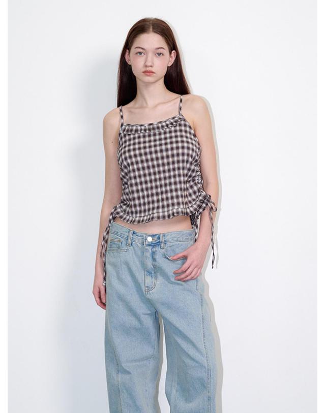 오프닝선샤인 Check Side String Sleeveless Top Brown 착용컷