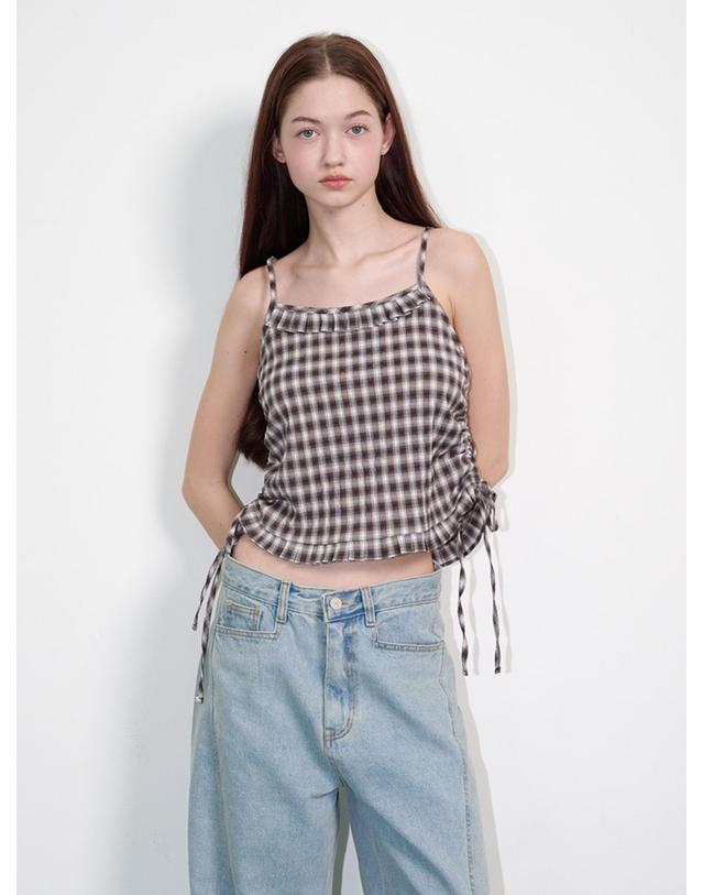 오프닝선샤인 Check Side String Sleeveless Top Brown 착용컷