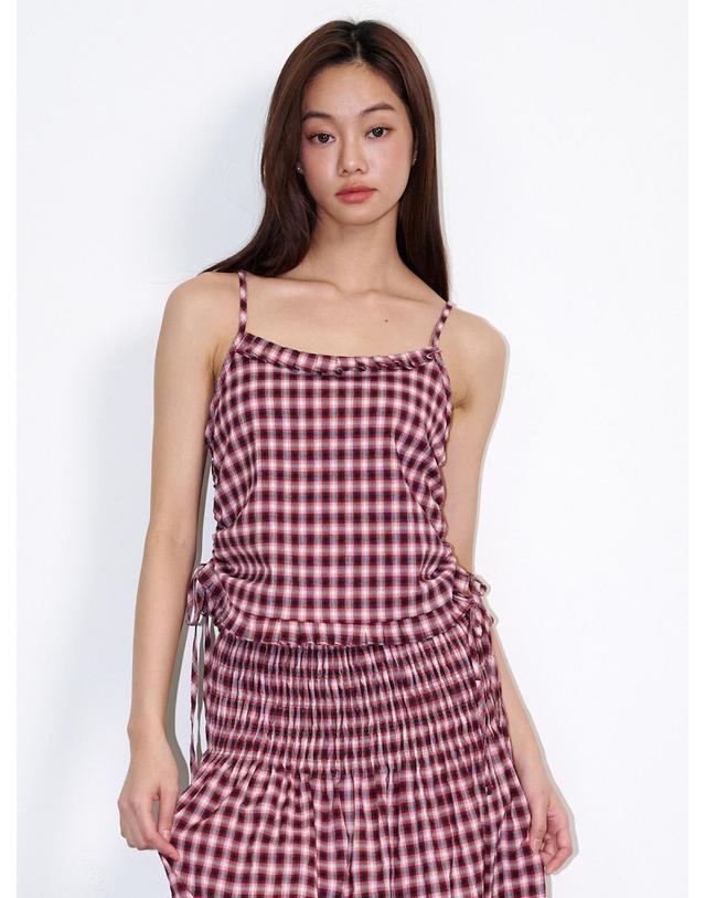 오프닝선샤인 Check Side String Sleeveless Top Wine 착용컷