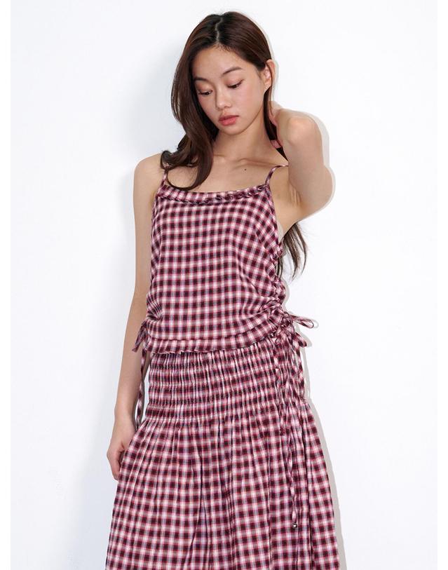 오프닝선샤인 Check Side String Sleeveless Top Wine 착용컷