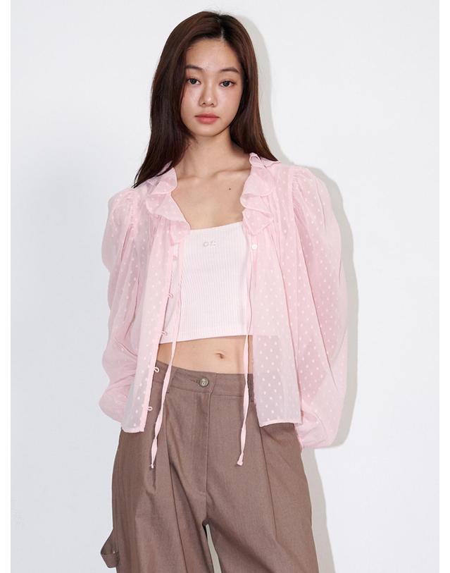 오프닝선샤인 Ruffled See-through Dot Blouse Pink 착용컷