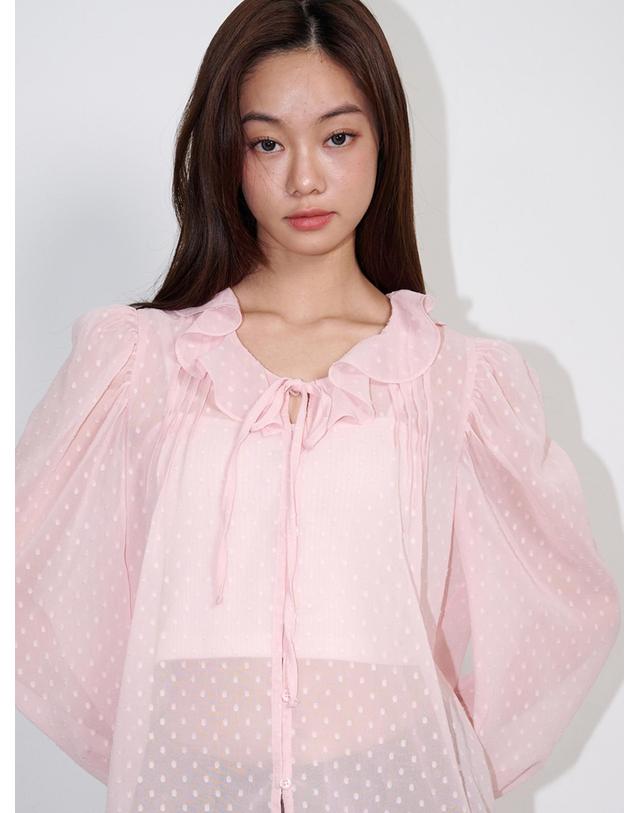 오프닝선샤인 Ruffled See-through Dot Blouse Pink 착용컷