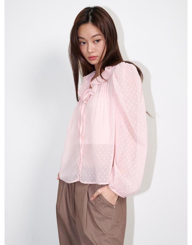 오프닝선샤인 Ruffled See-through Dot Blouse Pink 착용컷