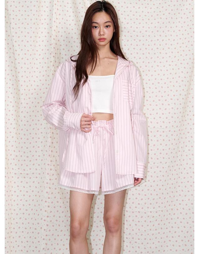 오프닝선샤인 Hooded Striped Pajama Shirt Pink 착용컷
