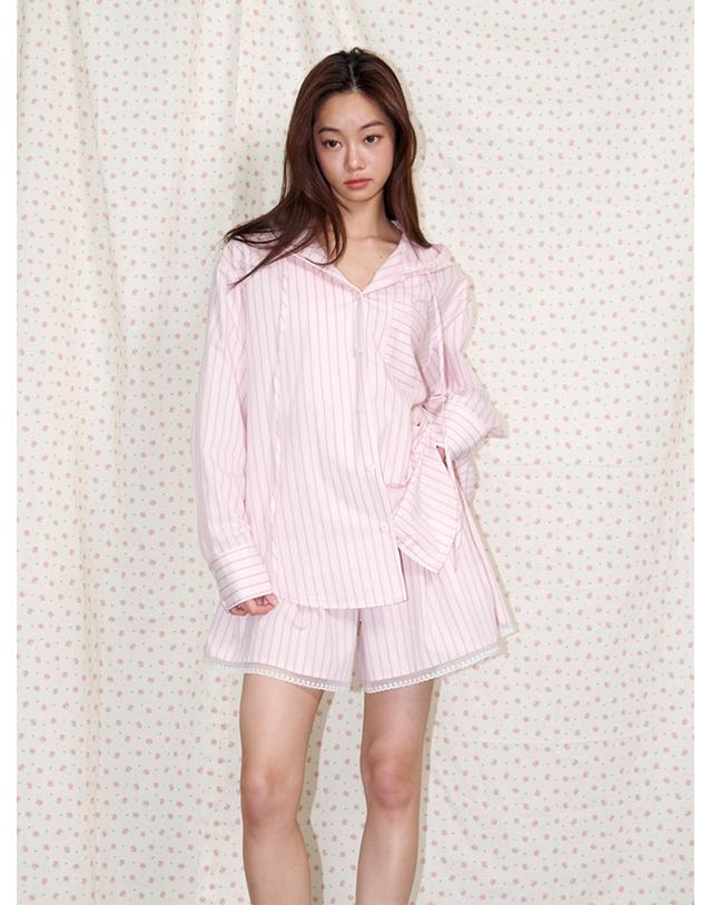 오프닝선샤인 Hooded Striped Pajama Shirt Pink 착용컷
