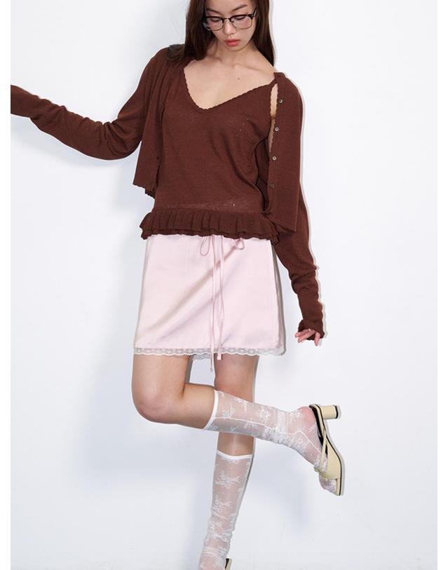 오프닝선샤인 String Belt satin mini skirt Lace Pink 착용컷