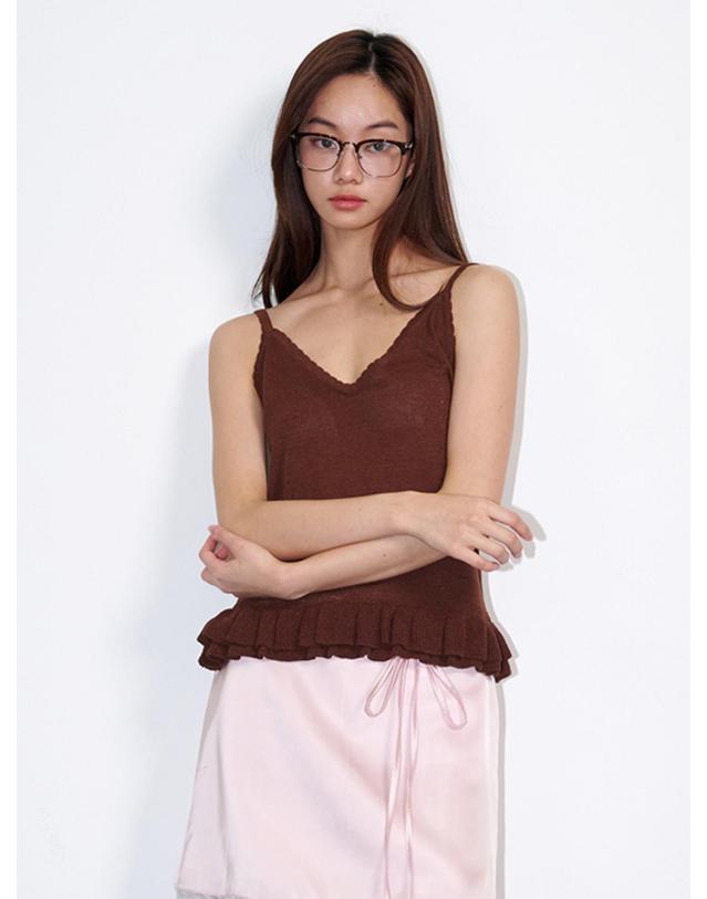 오프닝선샤인 Sleeveless Frill Linen Knit Top Brown 착용컷