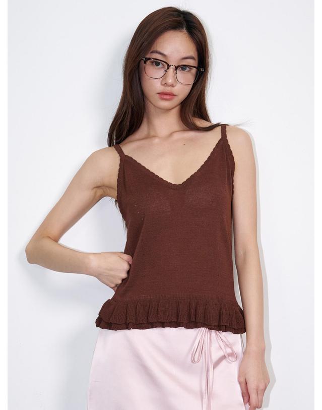 오프닝선샤인 Sleeveless Frill Linen Knit Top Brown 착용컷