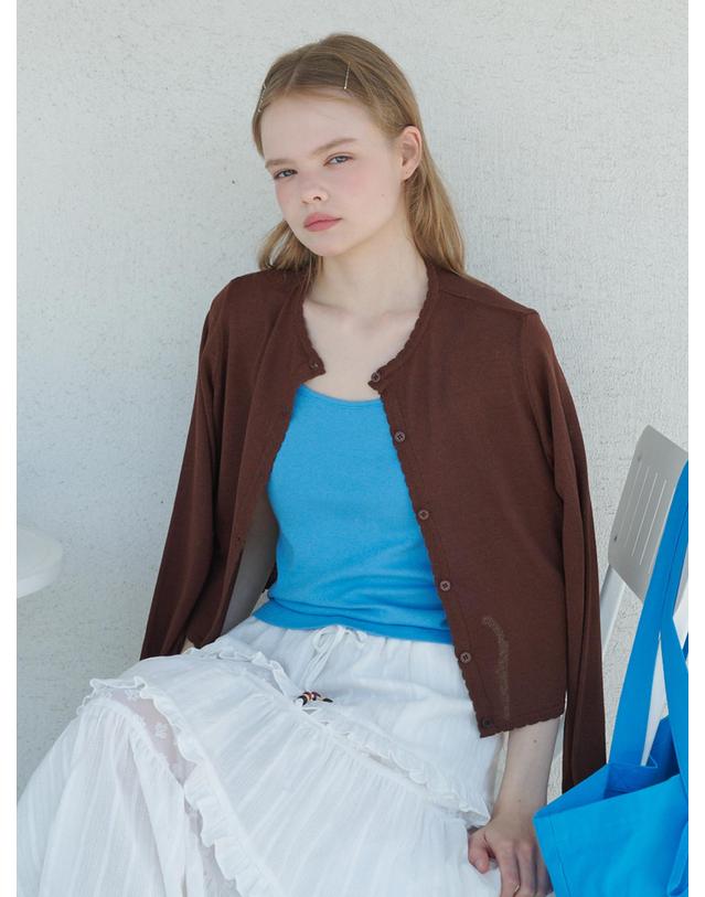오프닝선샤인 Sheer Scallop Linen Cardigan Brown 착용컷