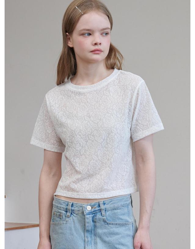 오프닝선샤인 Rose Jacquard Lace Short Sleeve Crop T-Shirt White 착용컷