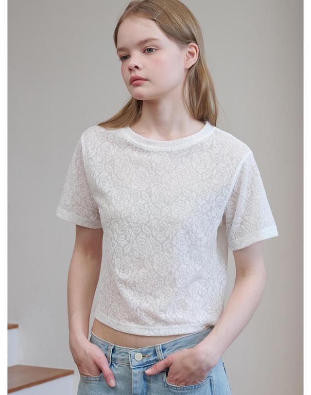 오프닝선샤인 Rose Jacquard Lace Short Sleeve Crop T-Shirt White 착용컷